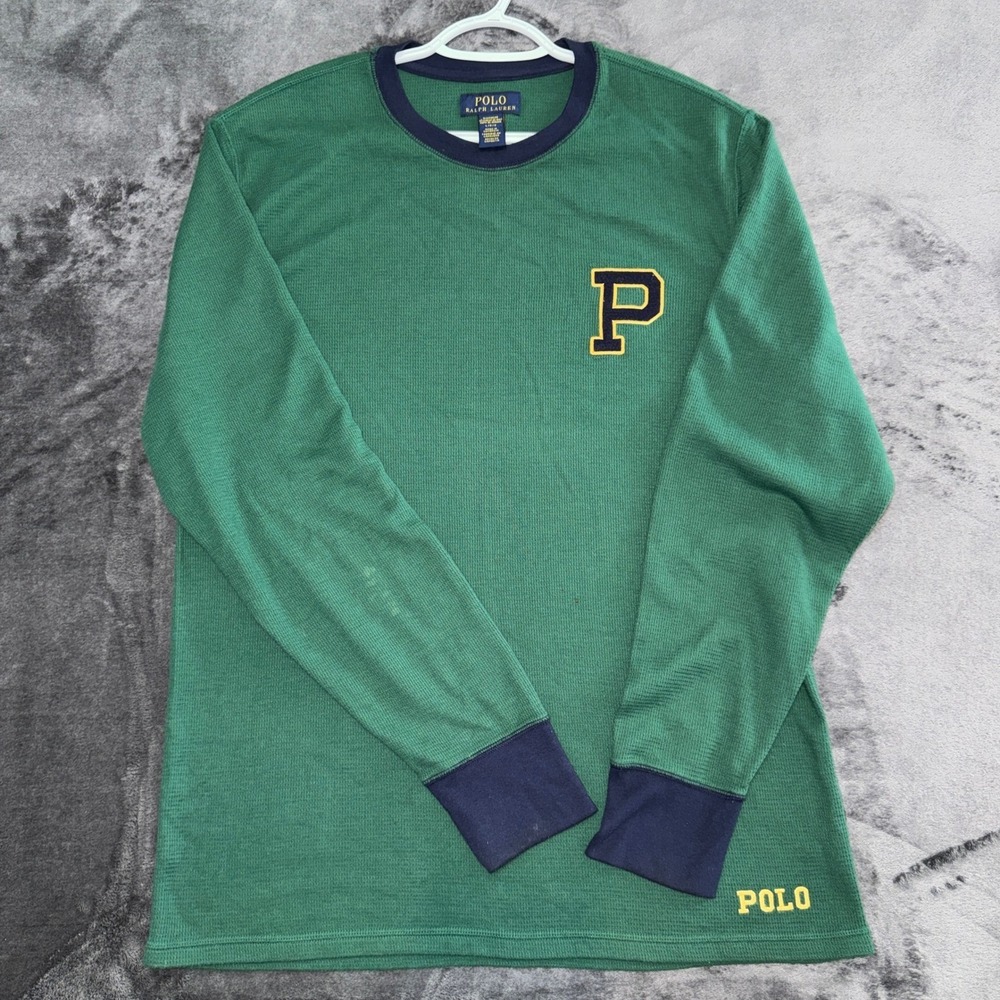 Polo Ralph Lauren Mens Green Waffle Knit Thermal Sleep Shirt Large P Patch Logo‎